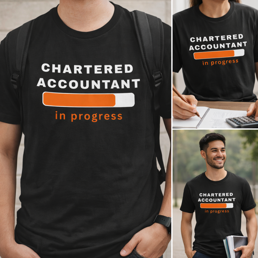 Black t-shirt with 'Chartered Accountant in progress' text and loading bar design worn by a person.