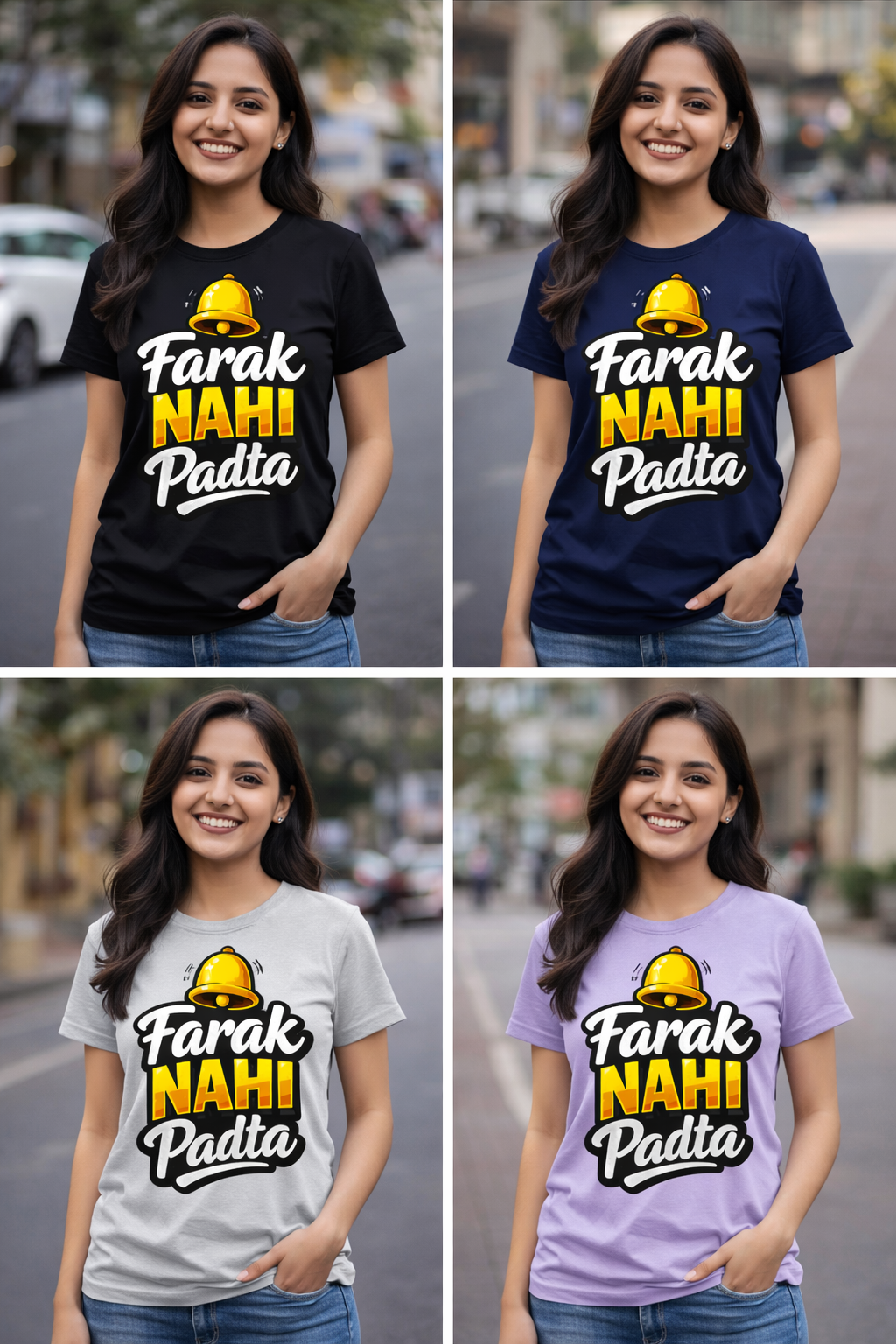 Oversized T-shirts with 'Farak Nahi Padta' text and a bell graphic