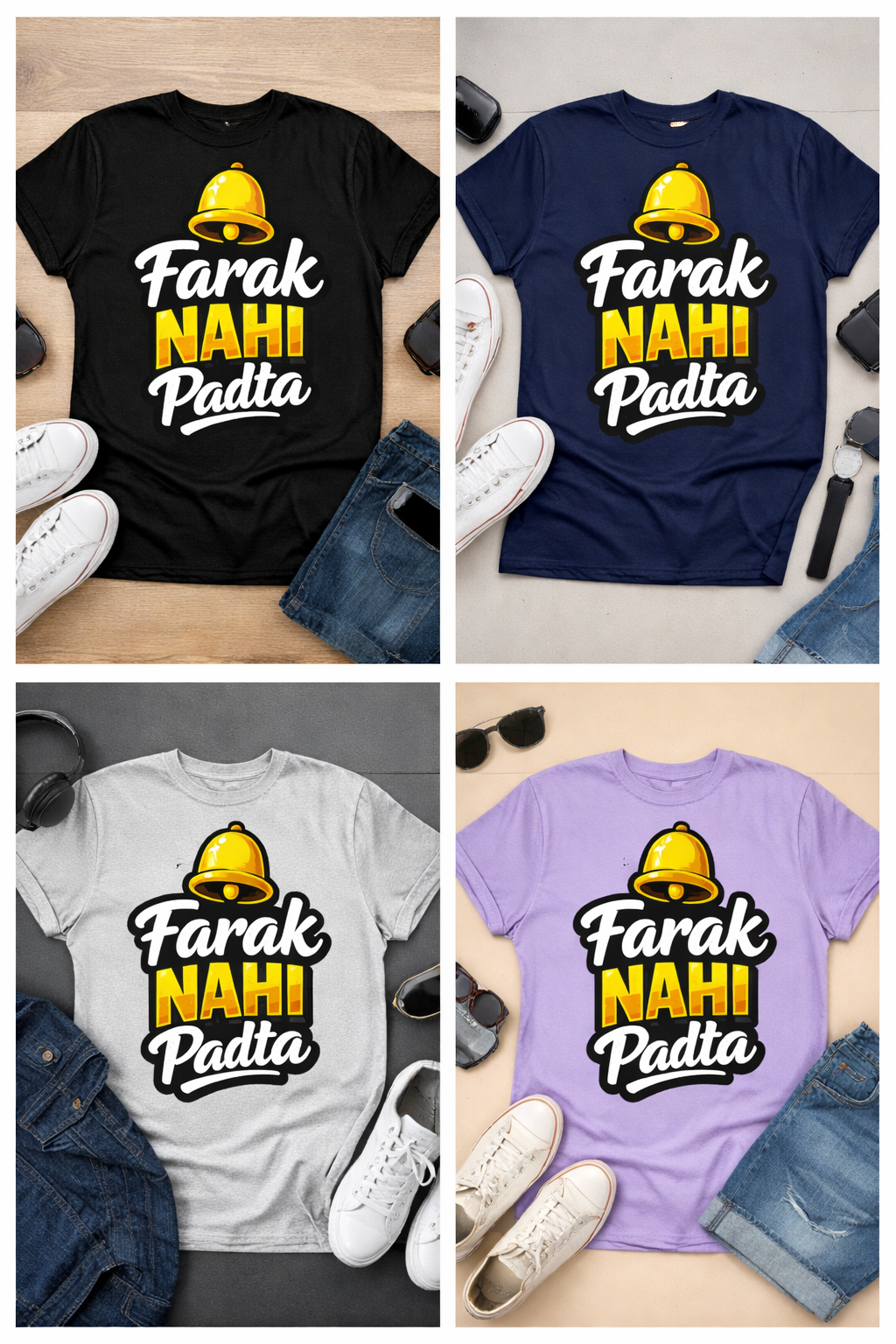 Oversized T-shirts with 'Farak Nahi Padta' text and a bell graphic